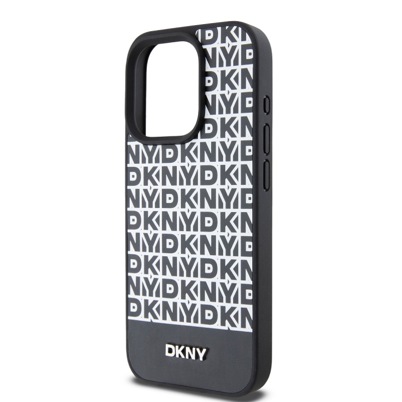 DKNY PU bőr ismétlődő mintás alsó csíkos MagSafe hátlap iPhone 14 Pro Fekete