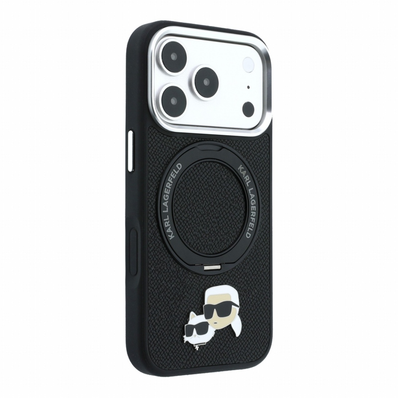 Karl Lagerfeld PU Grained K&CH Heads Ring Stand Magsafe hátsó tok iPhone 18 Pro Max-hoz, fekete