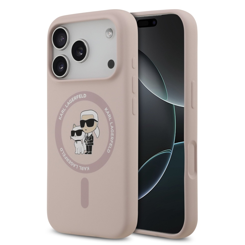 Karl Lagerfeld folyékony szilikon Karl és Choupette MagSafe hátlapi borító iPhone 17 Pro rózsaszínhez