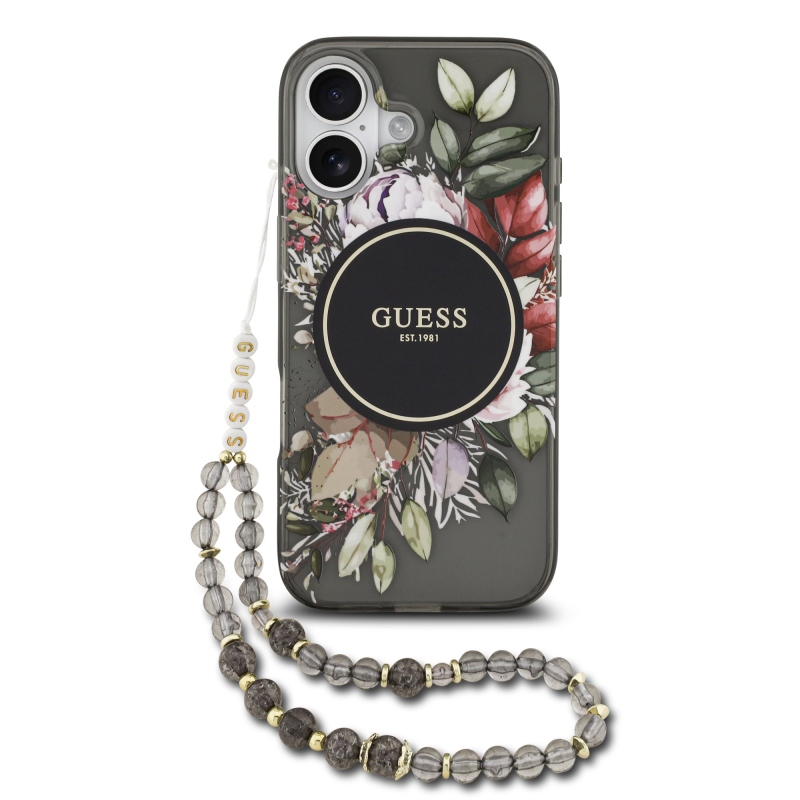 Guess IML Flowers Strap MagSafe hátlapi borító iPhone 17 Fekete