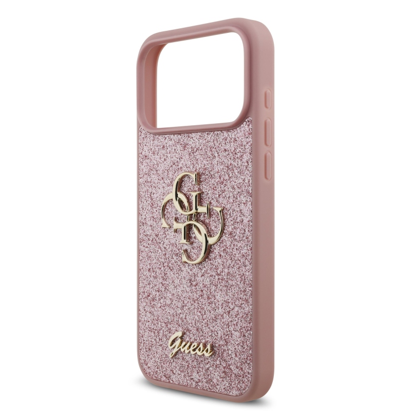 Guess PU Fixed Glitter 4G fém logós hátsó tok iPhone 18 Pro Max-hoz, rózsaszín