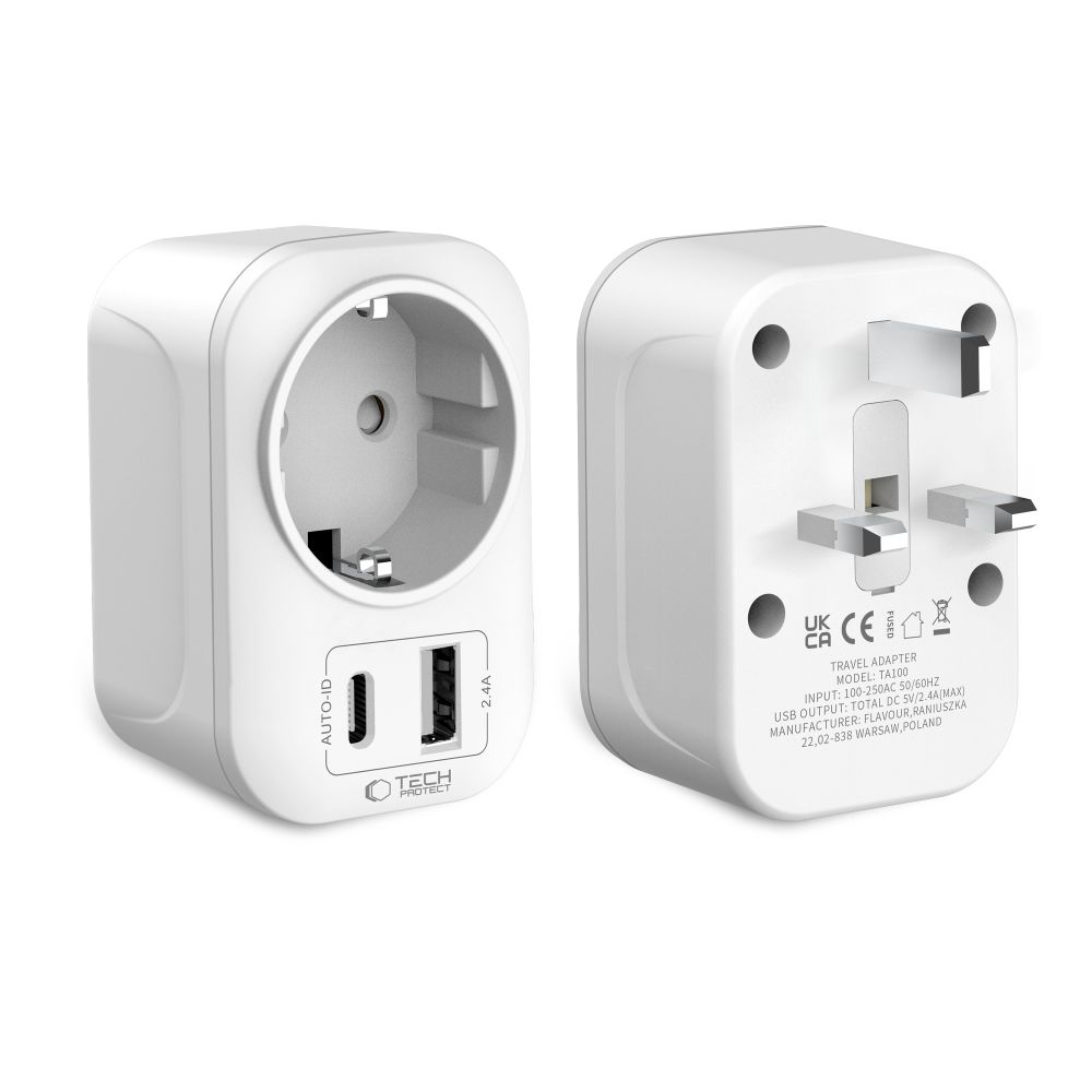 Tech-Protect TA100 UK - EU utazóadapter USB-C és USB-A csatlakozóval