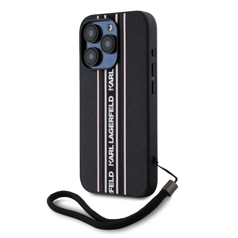 Karl Lagerfeld PU Saffiano Athleisure csíkos és pántos hátlap iPhone 15 Pro Max rózsaszínű készülékhez