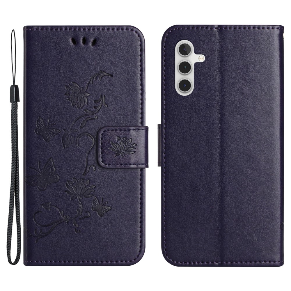 Virágos könyvtáska Samsung Galaxy S24 FE készülékhez - sötétlila