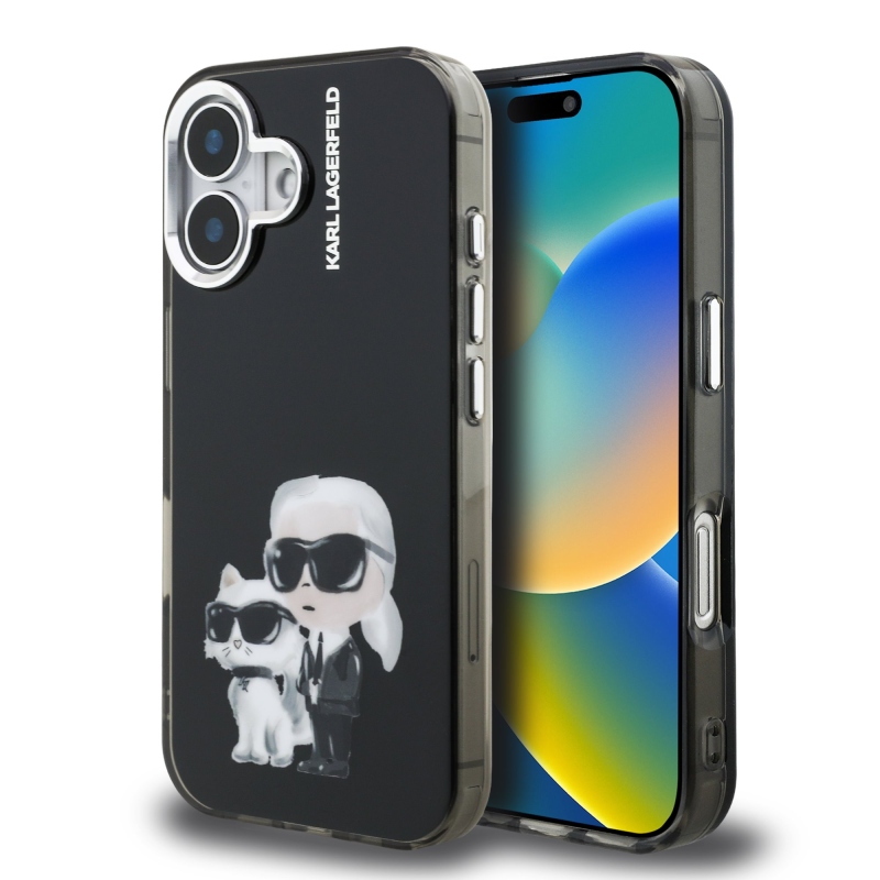 Karl Lagerfeld IML Aquarelle Karl és Choupette hátlapi borító iPhone 16-hoz Fekete