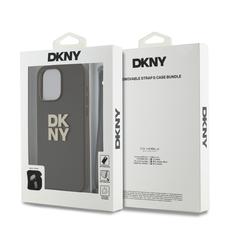 DKNY PU bőr Stack Logo csuklópánt hátlapi borító iPhone 15 Pro Max barna színhez