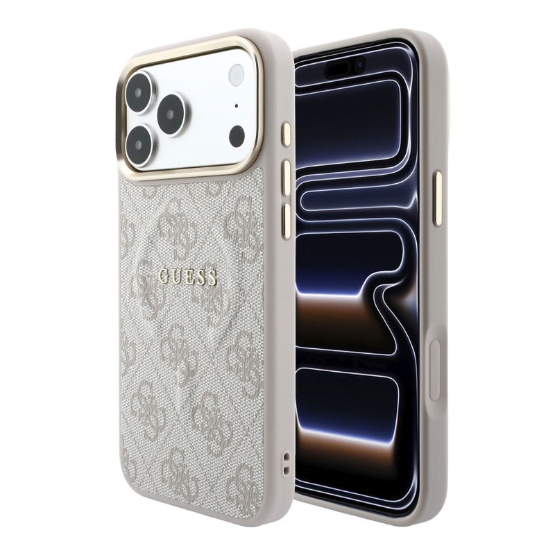 Guess PU bőr 4G aranykeretes, dombornyomott MagSafe hátsó tok iPhone 18 Pro-hoz, rózsaszín