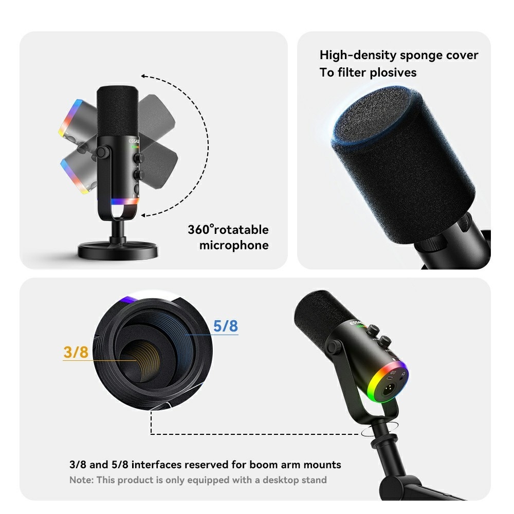 Essager asztali mikrofon XLR USB-C 3,5 mm-es csatlakozóval és DSP zajcsökkentéssel