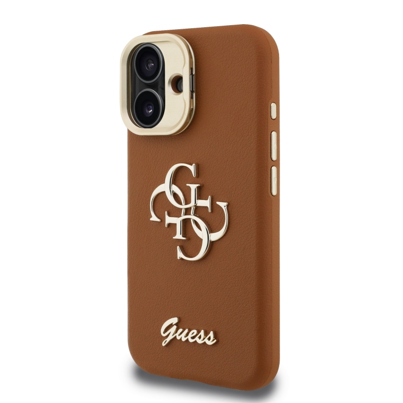 Guess PU szemcsés 4G Logo Stand Kamera keret hátlapi borító iPhone 16 barna barna