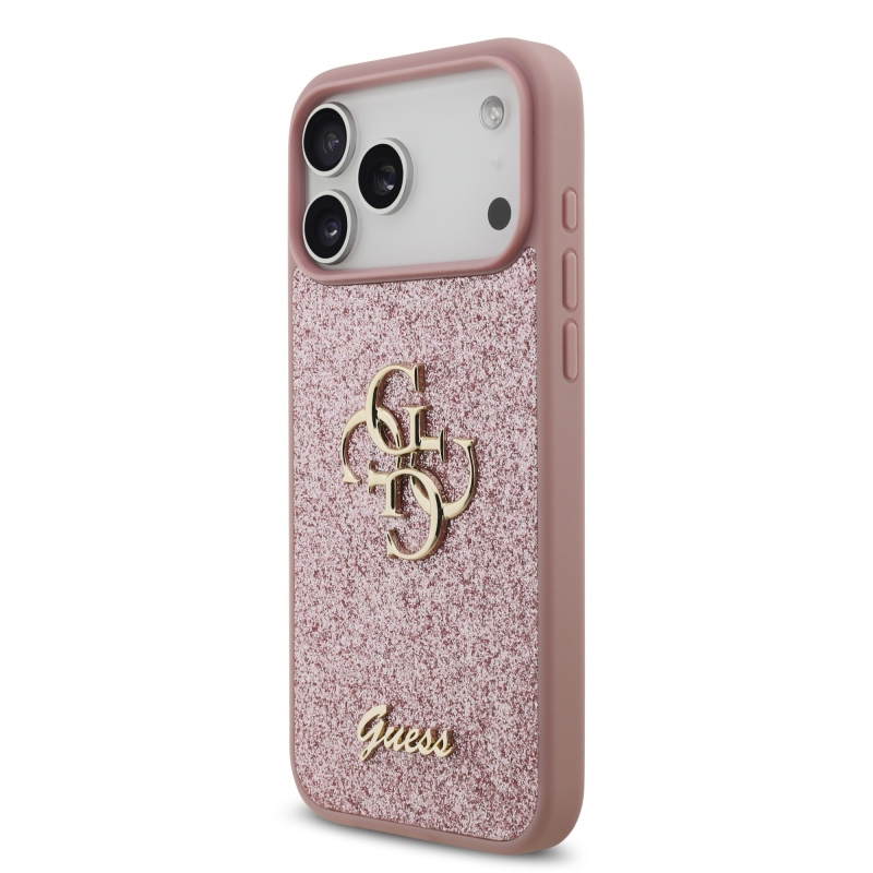 Guess PU Fixed Glitter 4G fém logós hátsó tok iPhone 18 Pro Max-hoz, rózsaszín