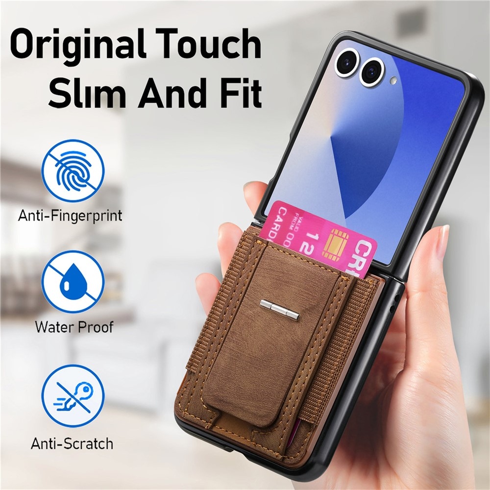 Luxus műanyag borítás műbőrrel a Samsung Galaxy Z Flip7 5G készülékre - barna színben