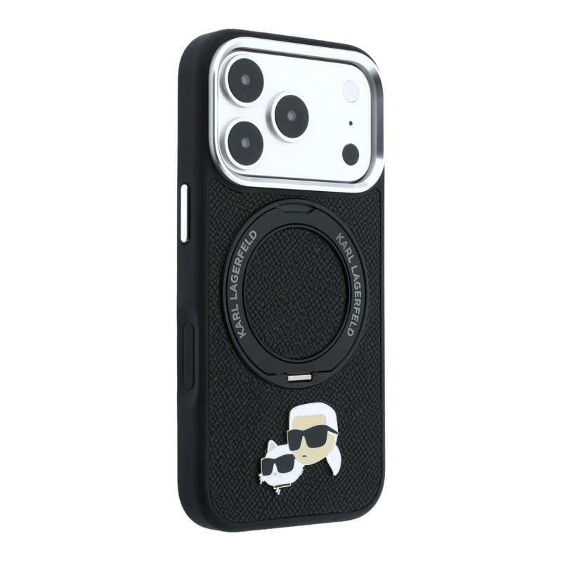 Karl Lagerfeld PU Grained K&CH Heads Ring Stand Magsafe hátsó tok iPhone 18 Pro-hoz, fekete