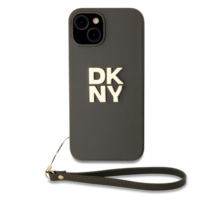 DKNY PU bőr Stack Logo csuklópánt hátlapi borító iPhone 14-hez Barna