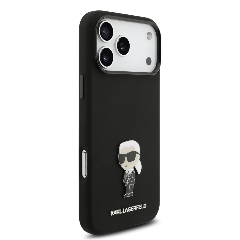 Karl Lagerfeld Folyékony szilikon fém Ikonik hátlap iPhone 17 Pro Max-hoz Fekete