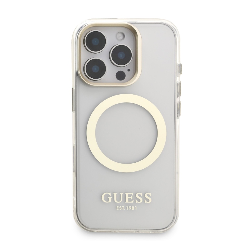 Guess IML Gold Outline Stand Kamera keret MagSafe hátlapi borító iPhone 16 Pro átlátszóhoz