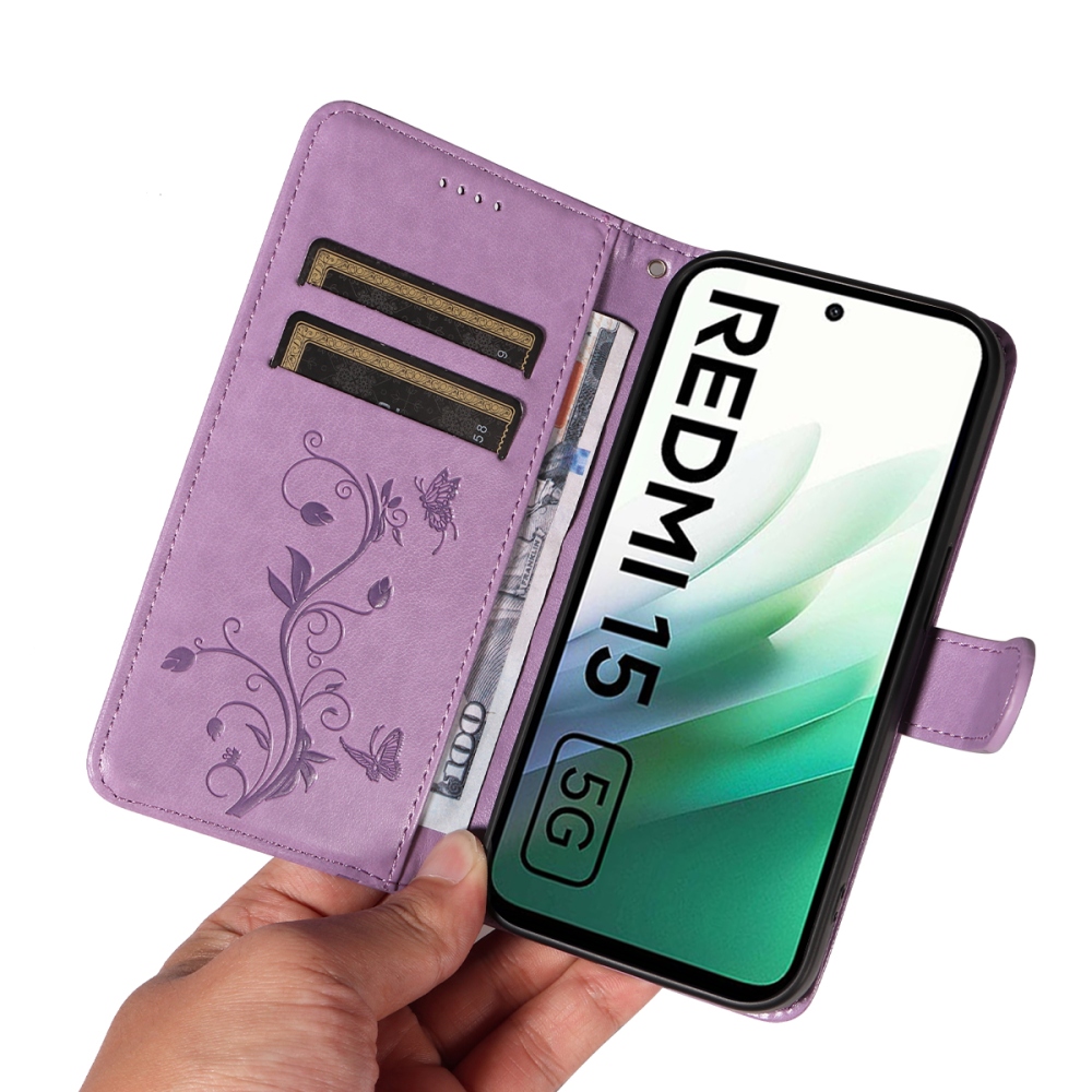 Virágok könyv tok Xiaomi Redmi 15 5G (169mm) - lila