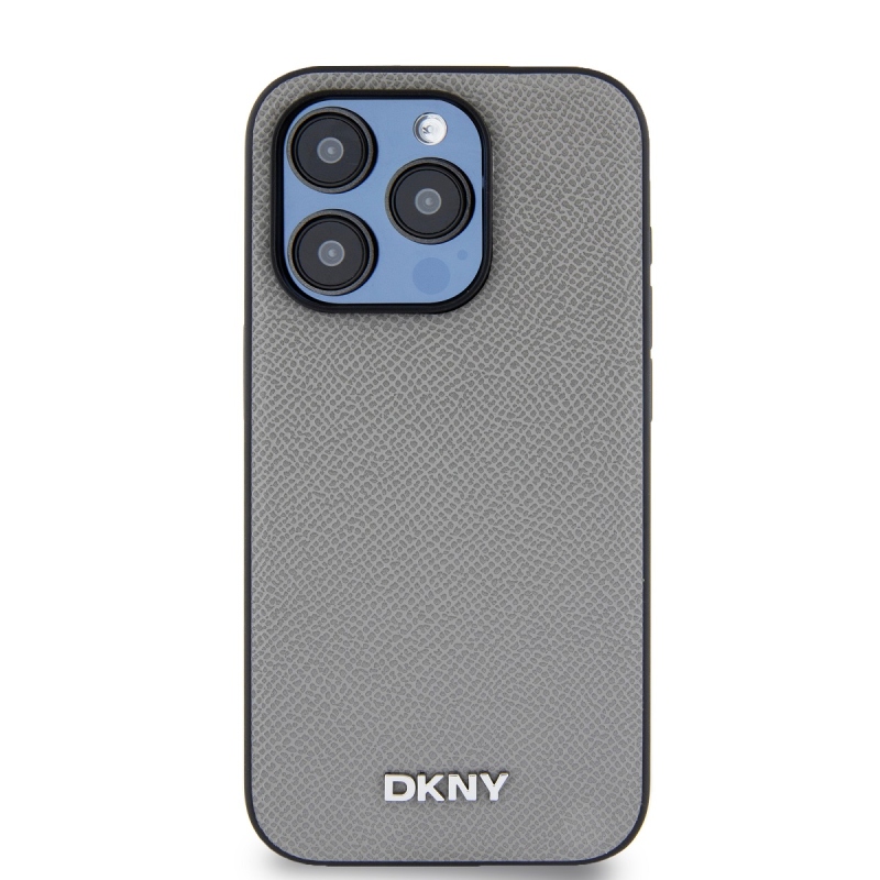 DKNY PU bőr ezüst fém logó Magsafe hátlap iPhone 15 Pro szürke szürkéhez