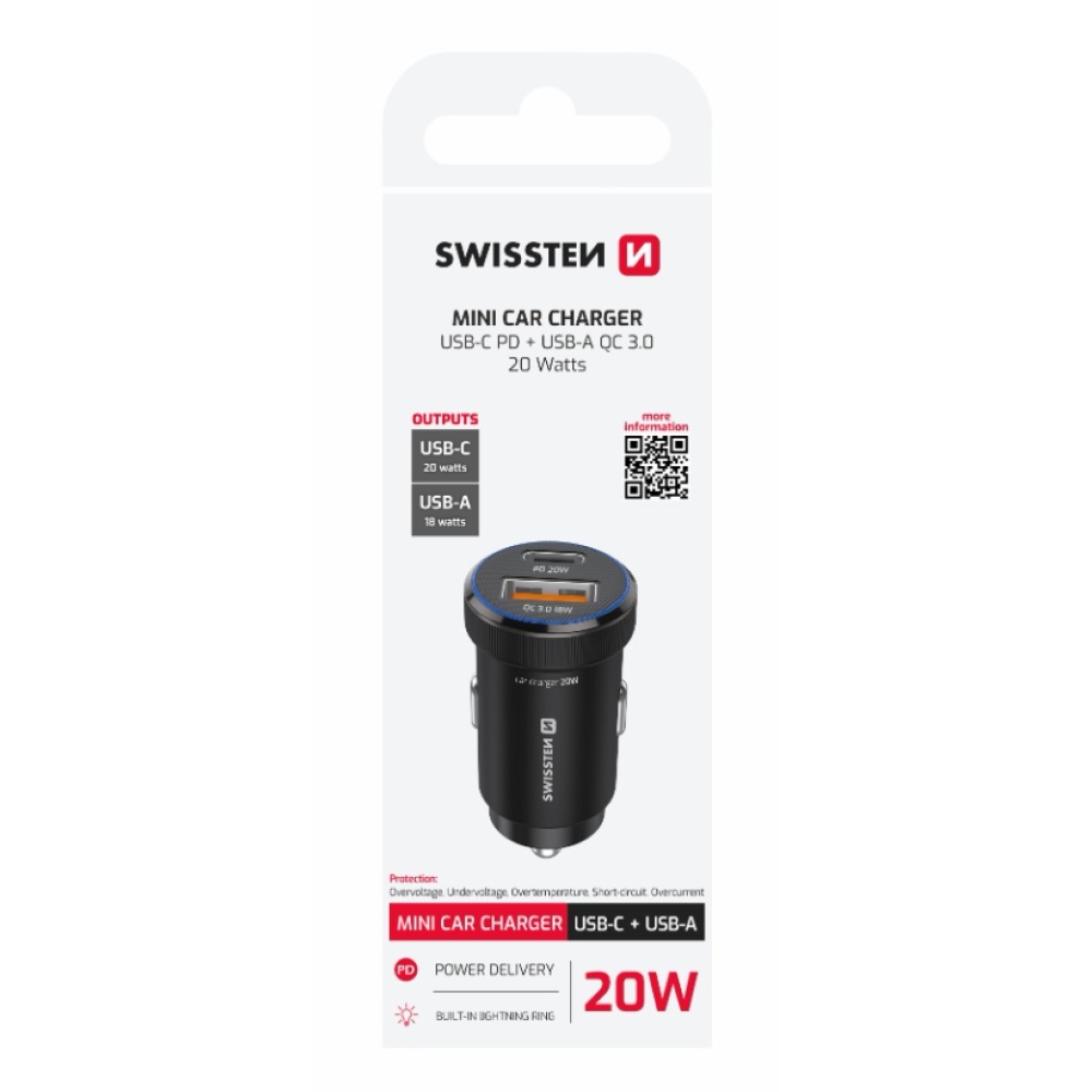 Swissten CL adapter PD, USB-C PD + USB-A, 20W - Fekete