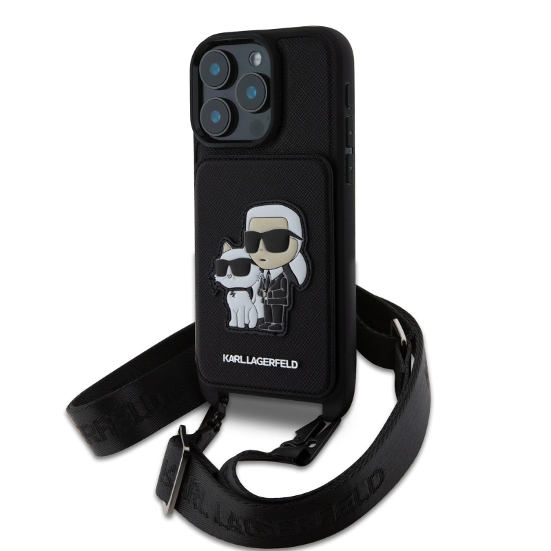 Karl Lagerfeld Saffiano válltáska pánttal, Karl és Choupette mintával, iPhone 16 Pro Max tok, fekete