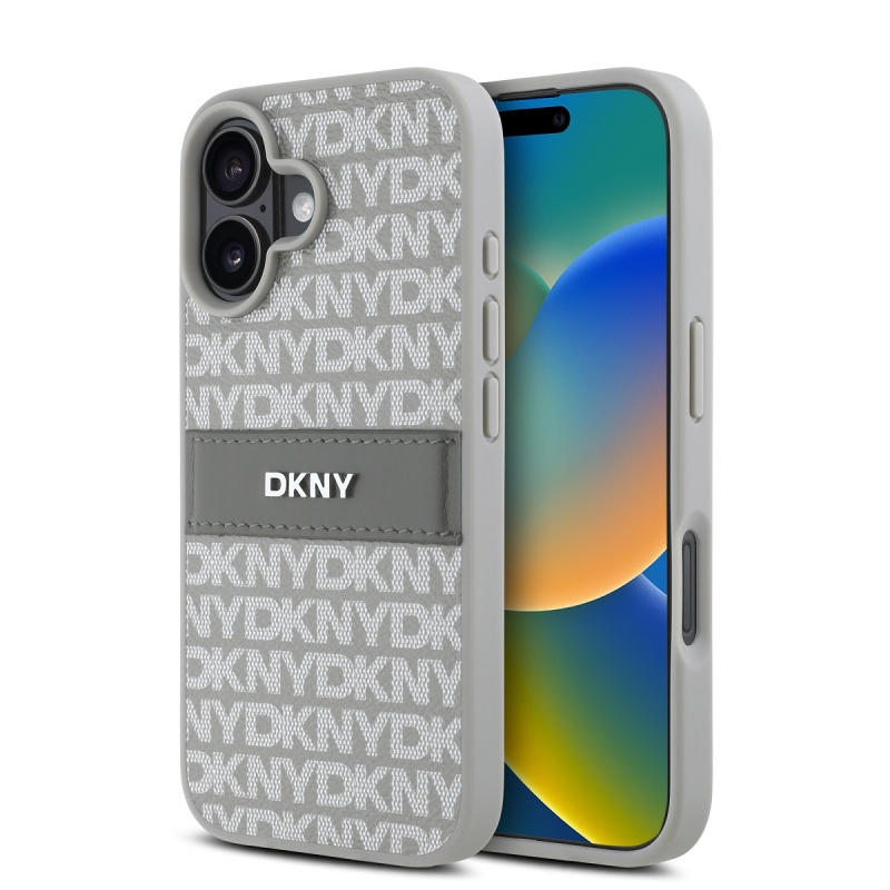 DKNY PU bőr ismétlődő mintás tonális csíkos hátlapi borító iPhone 16 bézs színűre