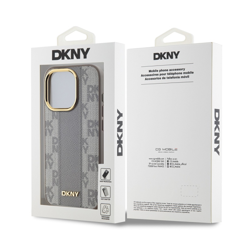 DKNY PU bőr kockás mintás Magsafe hátsó borító iPhone 15 Pro bézs színű készülékhez