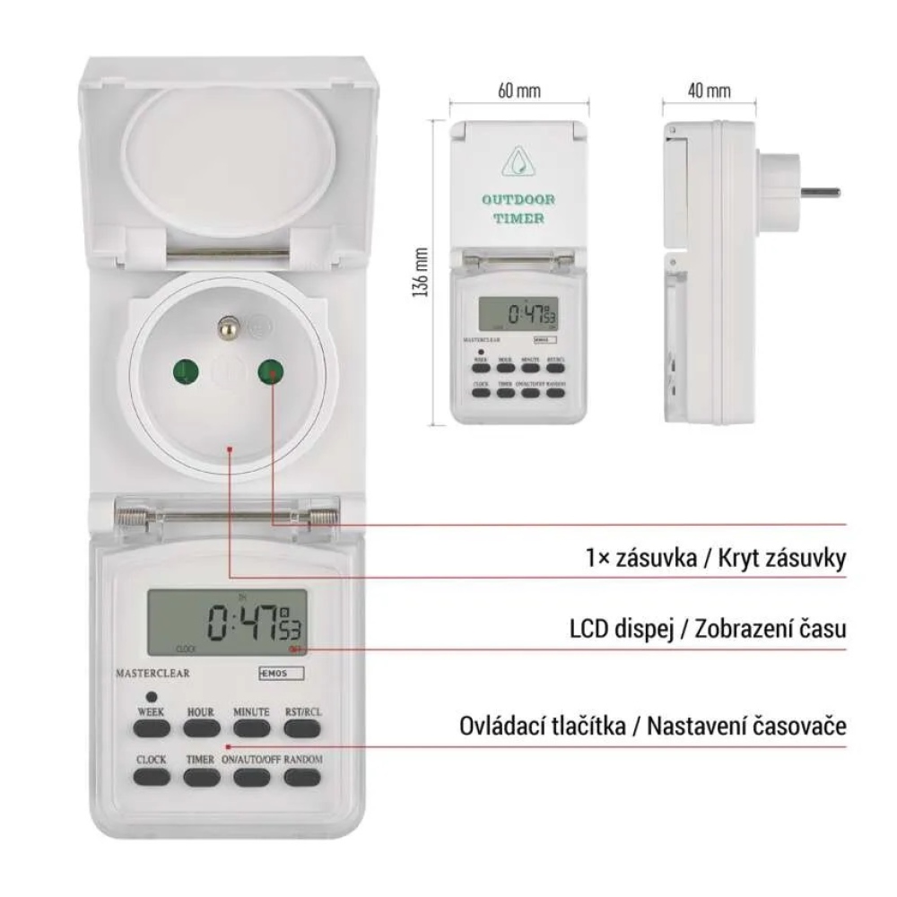 Időzítő - digitális kapcsoló aljzat kültéri IP44 P5507N