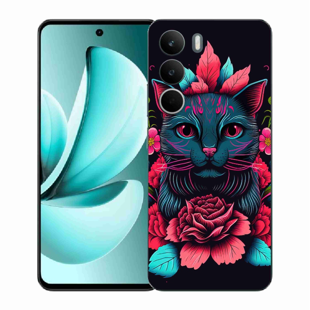 Gél borító mmCase a Realme C71 készülékhez - virágok és macska