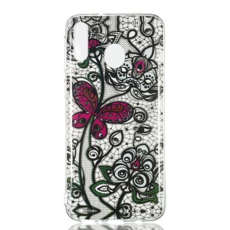 Patt gél tok Samsung Galaxy M20 készülékhez - fekete csipke és pillangó