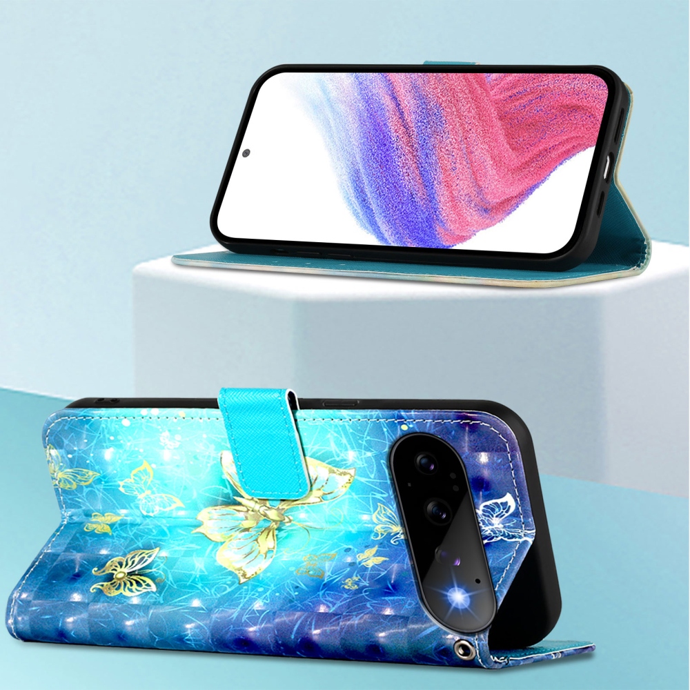 Patte könyvformájú tok a Google Pixel 11 Pro/11-hez – kék-arany pillangók