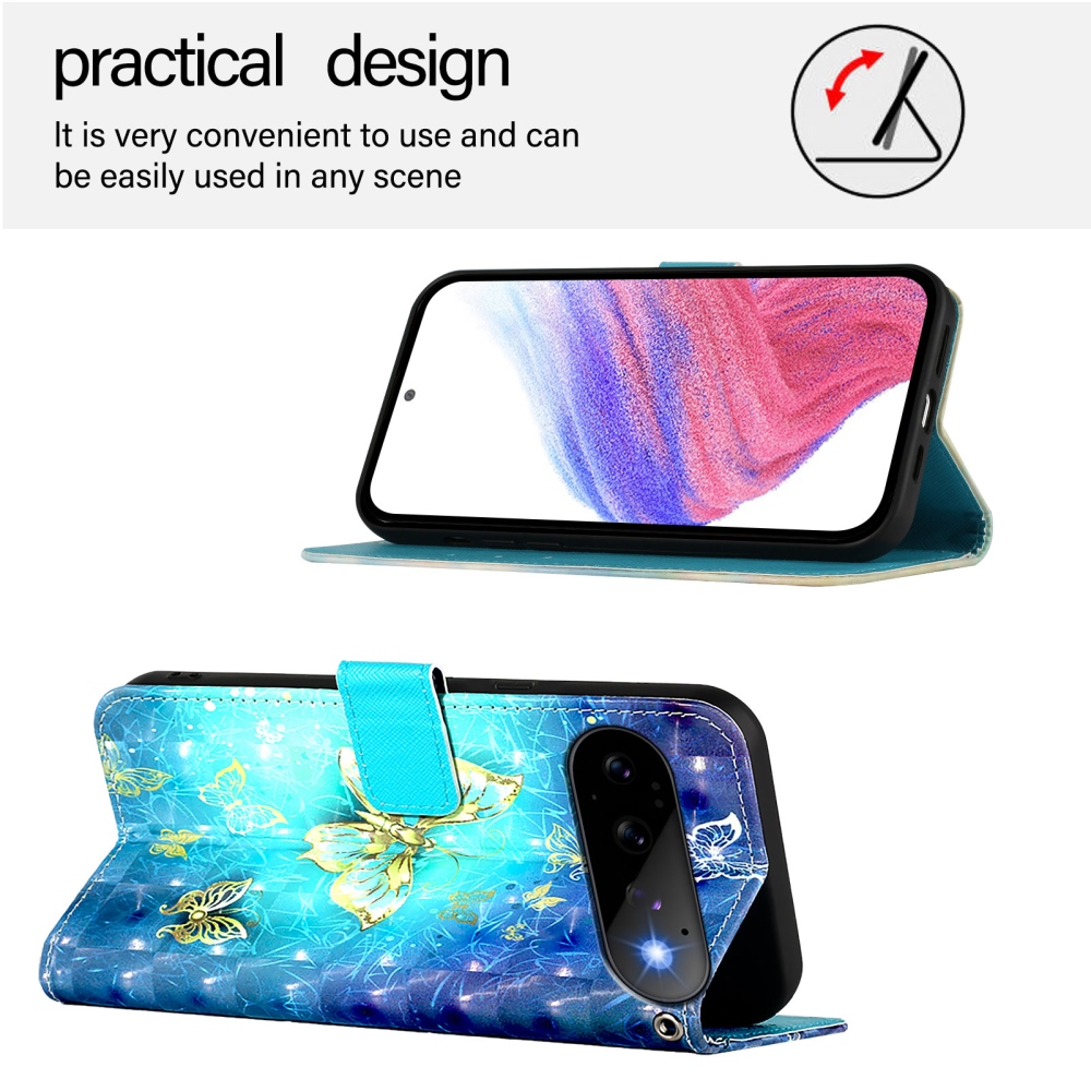 Patte könyvformájú tok a Google Pixel 11 Pro/11-hez – kék-arany pillangók