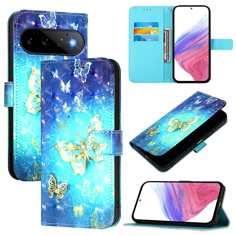 Patte könyvformájú tok a Google Pixel 11 Pro/11-hez – kék-arany pillangók