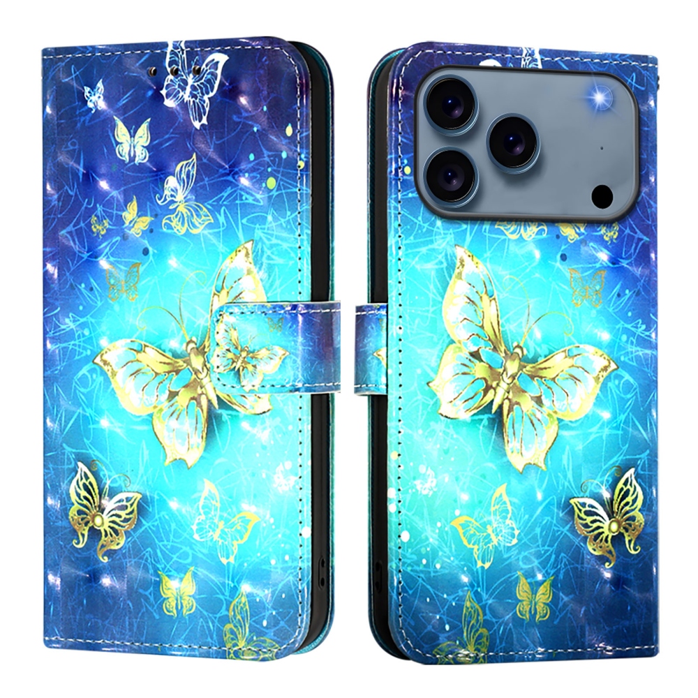 Patte könyvhátú tok az iPhone 18 Pro Max/17 Pro Max készülékhez – kék-arany pillangók