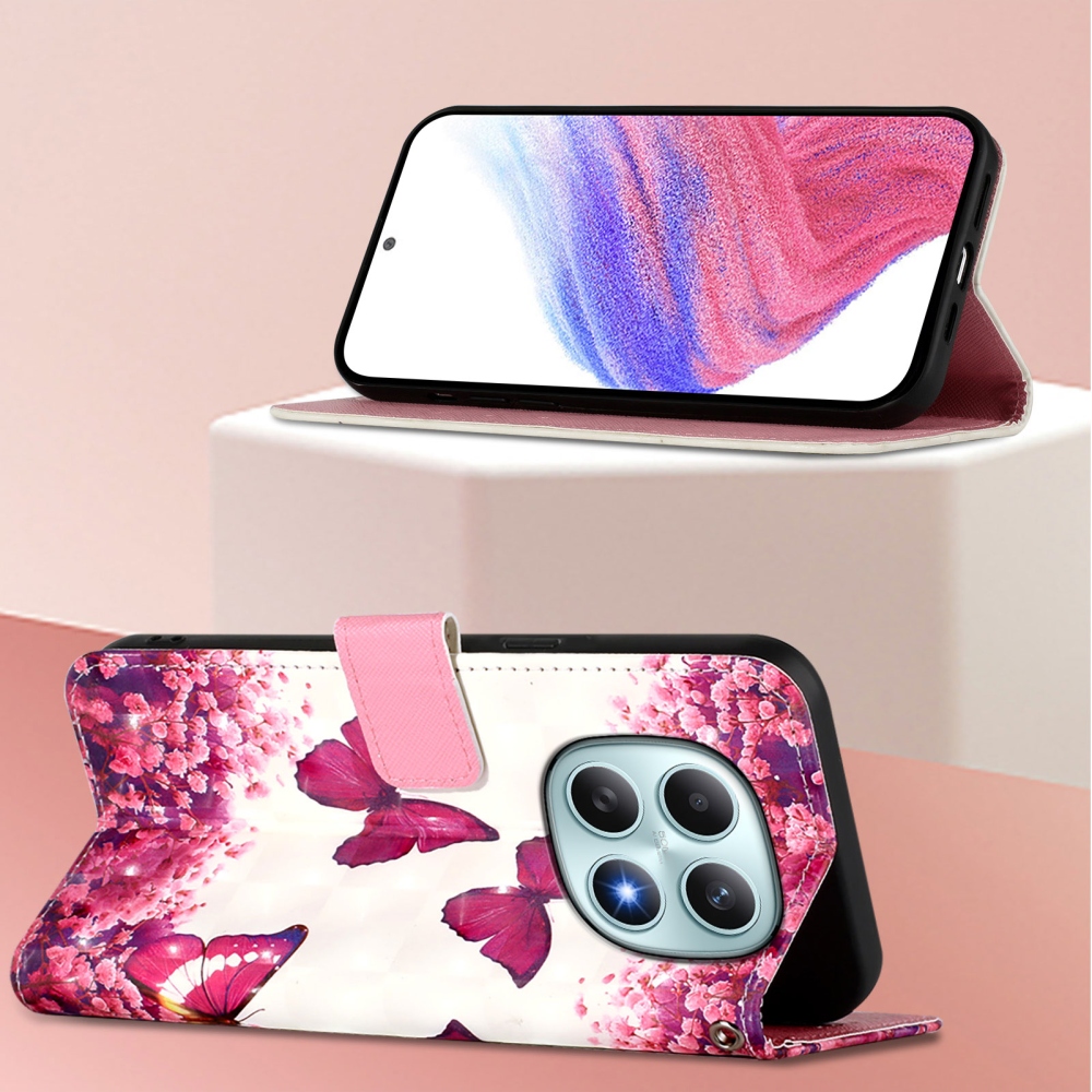 Patte könyv tok Xiaomi Poco M8 5G/Redmi Note 15 5G/Note 15 4G - rózsaszín pillangókhoz