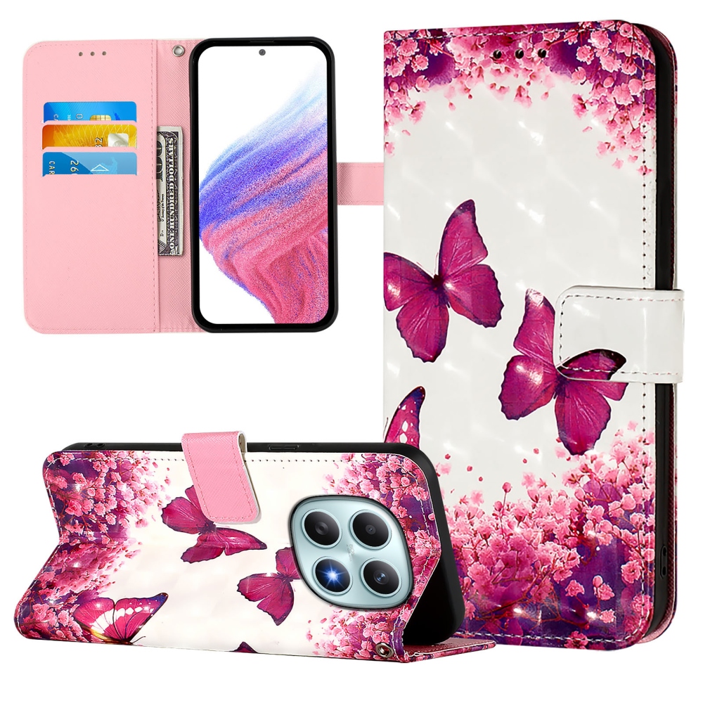 Patte könyv tok Xiaomi Poco M8 5G/Redmi Note 15 5G/Note 15 4G - rózsaszín pillangókhoz