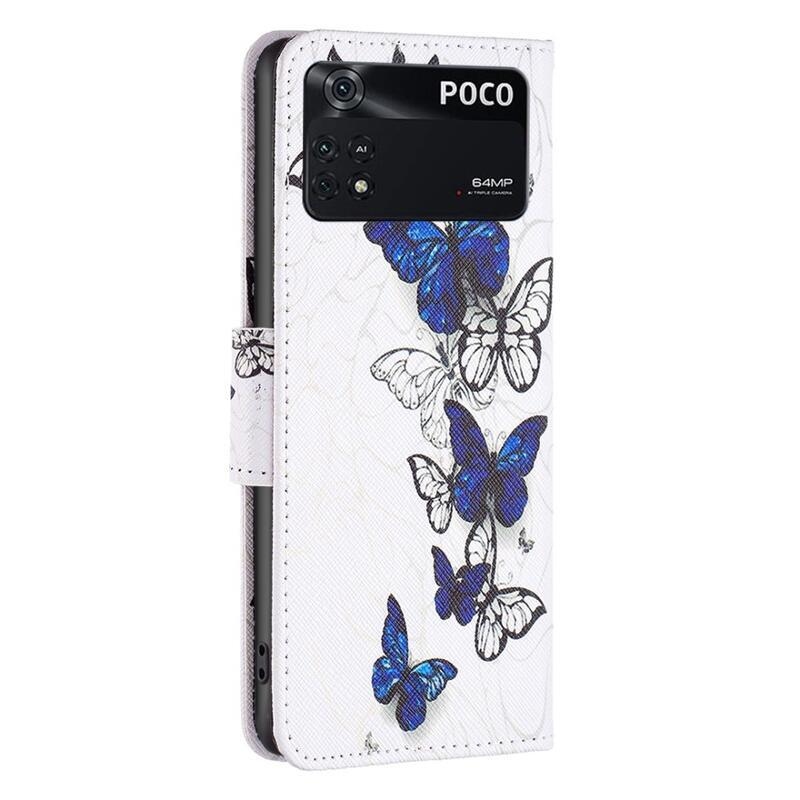 Patte PU bőr pénztárca tok Xiaomi Poco M4 Pro 4G - fehér és kék pillangókhoz