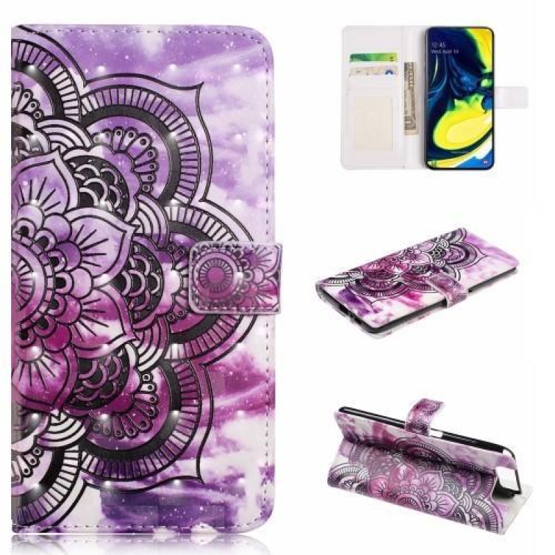 Mintás PU bőr pénztárca tok Samsung Galaxy A80-hoz - fekete virág