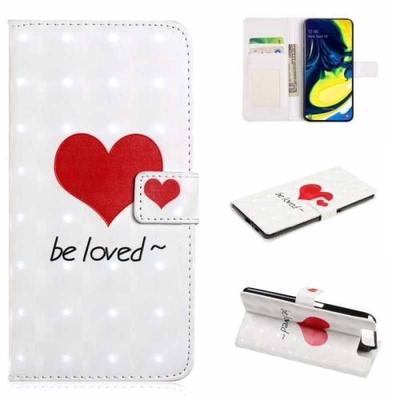 Mintás PU bőr pénztárca tok Samsung Galaxy A80-hoz - piros szívecske