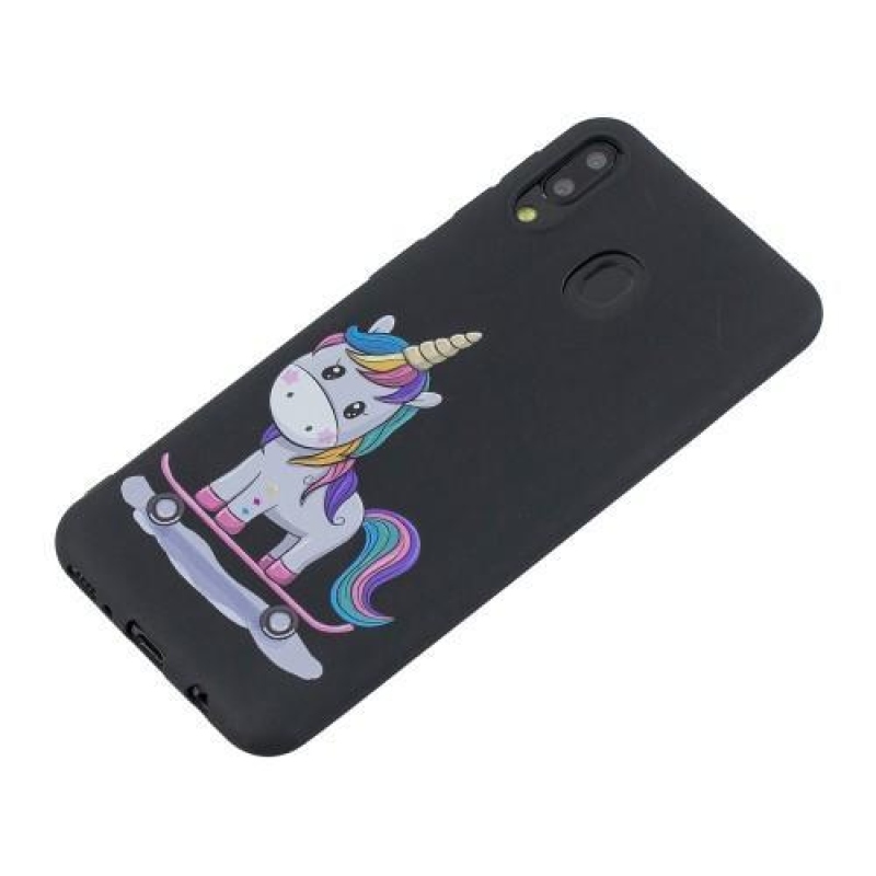 Mintás matt zselés tok Samsung Galaxy M20-hoz - fekete / egyszarvú