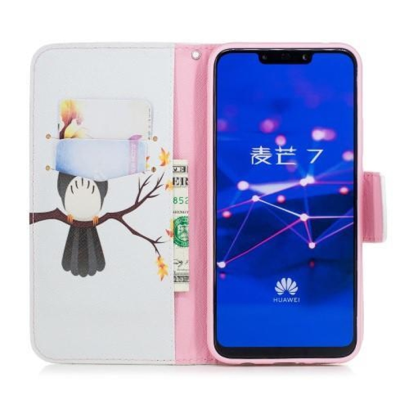 Patty PU bőr flip tok állvánnyal a Huawei Mate 20 Lite-hoz - bagoly egy ágon