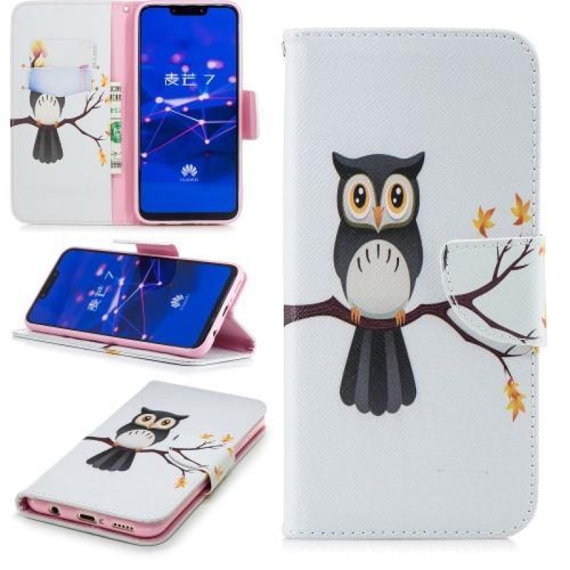 Patty PU bőr flip tok állvánnyal a Huawei Mate 20 Lite-hoz - bagoly egy ágon