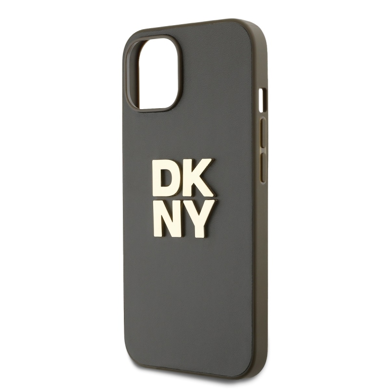 DKNY PU bőr Stack Logo csuklópánt hátlapi borító iPhone 15-hez Barna