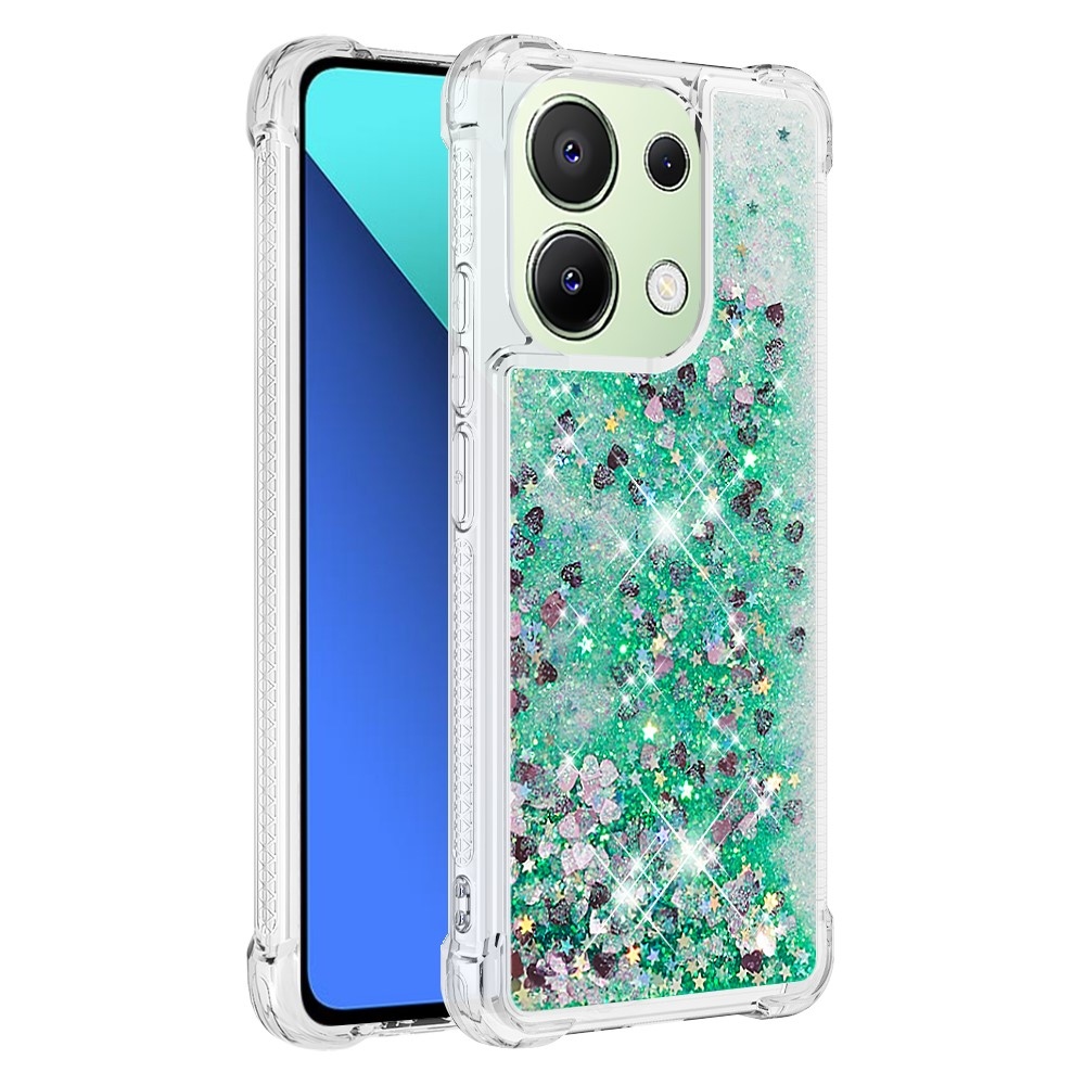 Glitter zselés homokóra tok Xiaomi Redmi Note 13-hoz - zöld/szívek