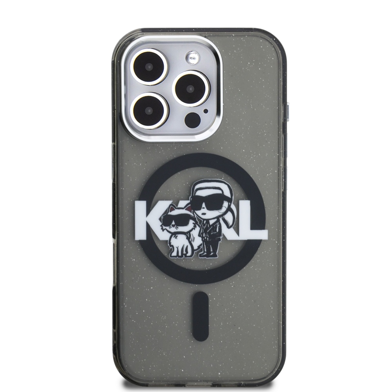 Karl Lagerfeld IML Glitter Karl és Choupette Sketch MagSafe hátlapi borító iPhone 16 Pro-hoz Fekete