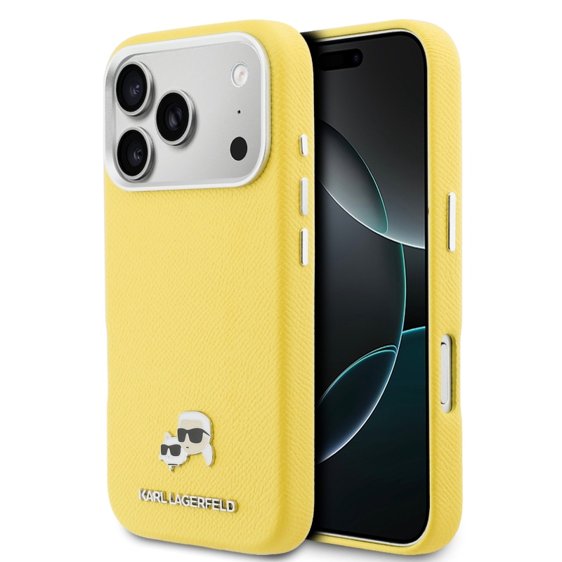 Karl Lagerfeld PU Karl és Choupette fejek tűk MagSafe hátlap iPhone 17 Pro Max Sárga