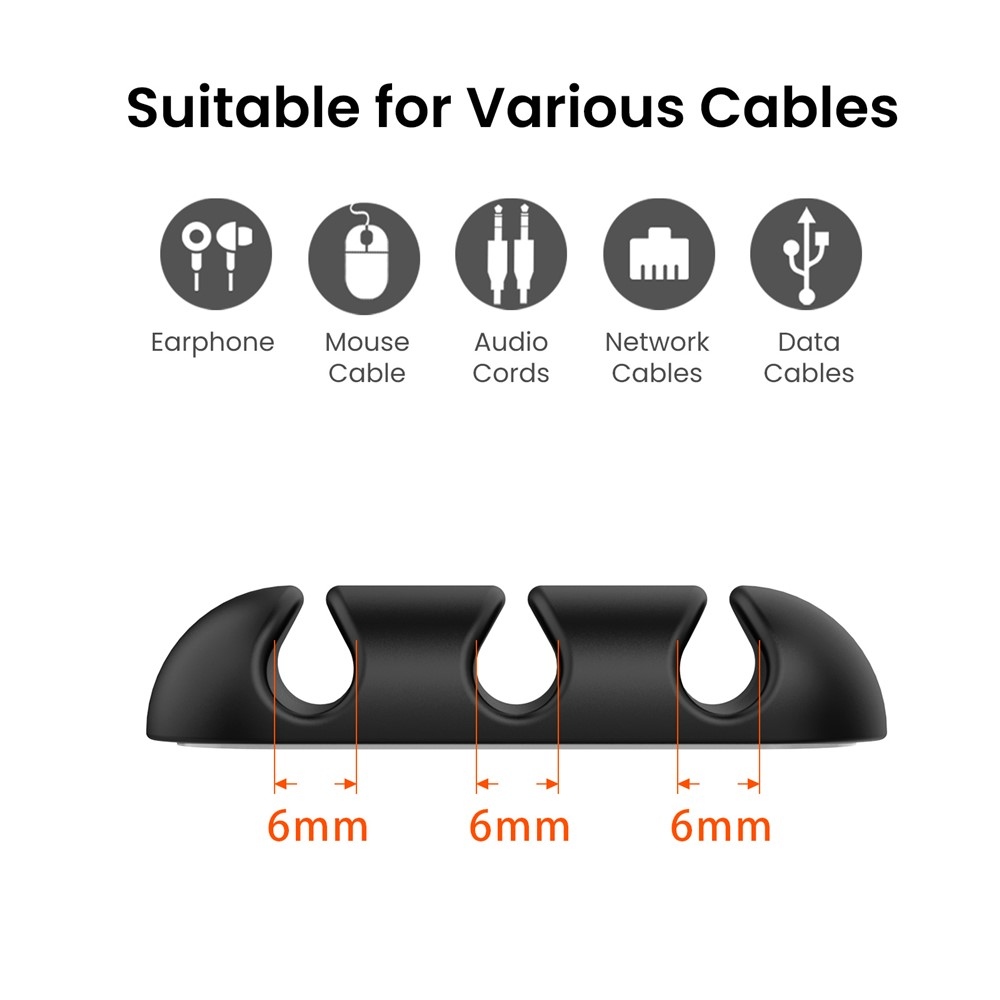 Szilikon kábeltartó 3 horonnyal és öntapadós rögzítéssel - fekete