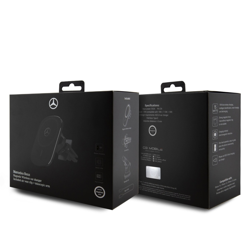 Mercedes mágneses autós tartó 15W-os vezeték nélküli töltéssel Fekete