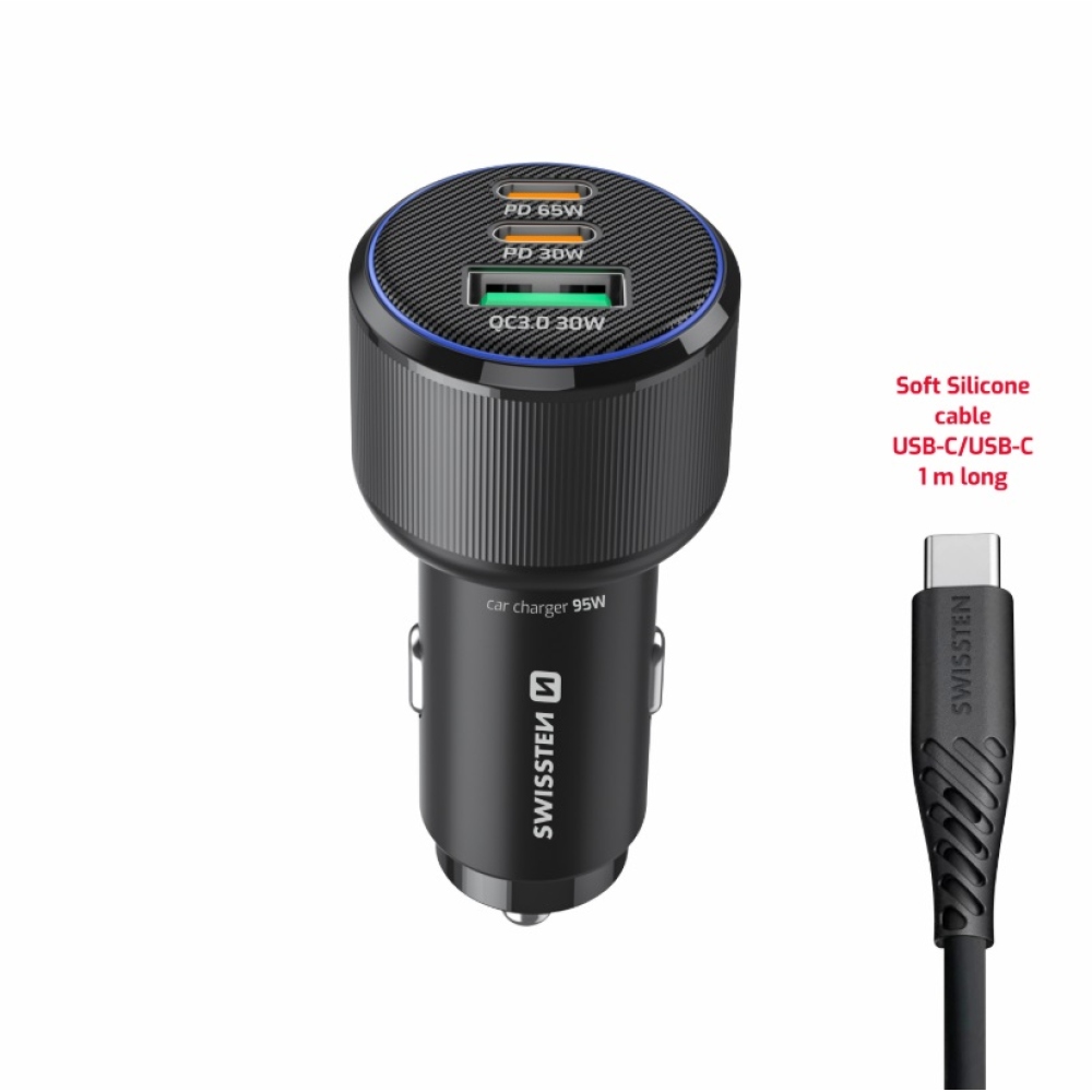 Swissten CL adapter 2x USB-C PD + USB-A, 95W - fekete + USB-C / USB-C kábel, 1m