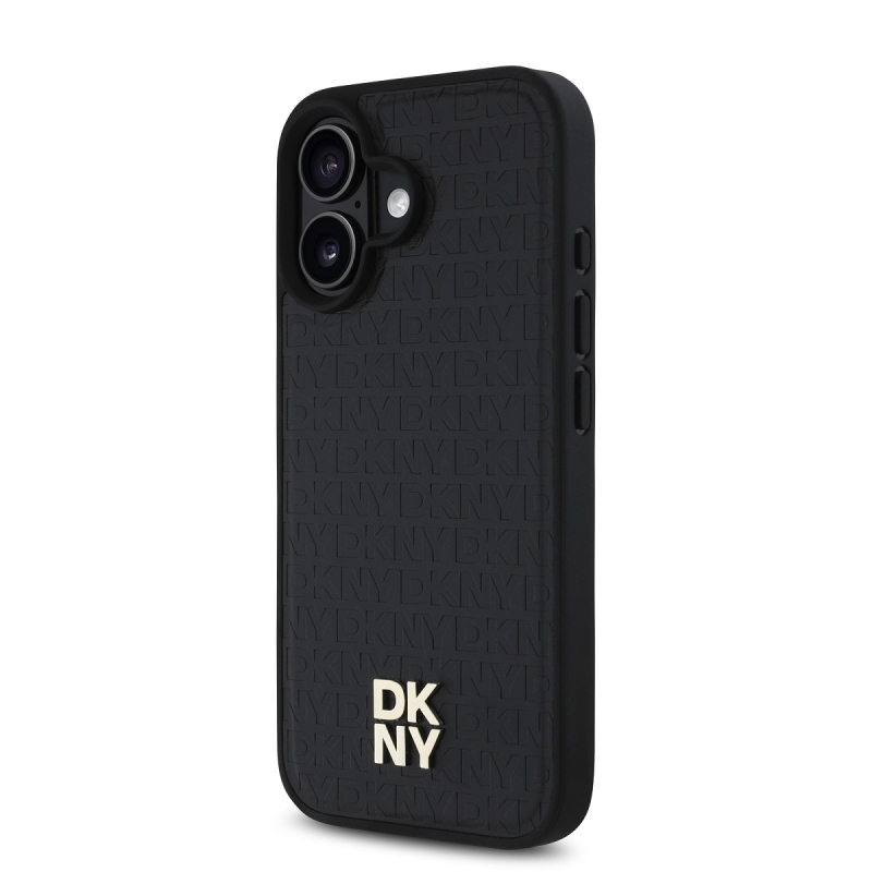 DKNY PU bőr Ismétlődő mintás Stack Logo MagSafe hátlap iPhone 16 Plus-hoz Fekete