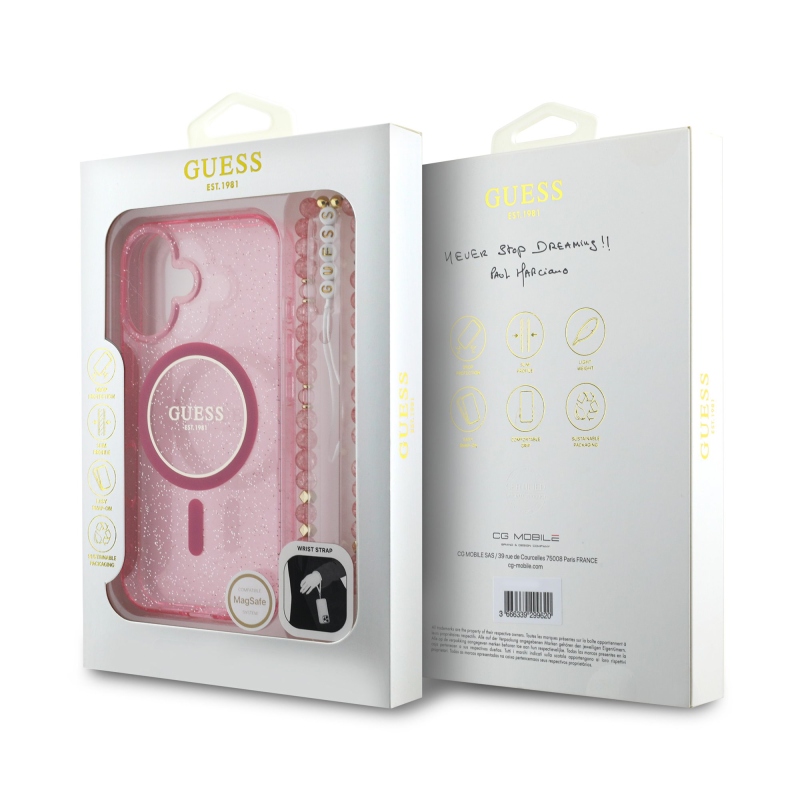 Guess IML Glitter Strap MagSafe hátlap iPhone 16 Plus rózsaszínű iPhone 16 Plus készülékhez