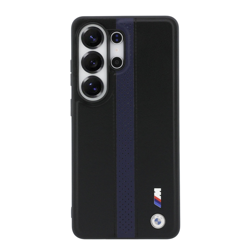 BMW M PU bőr perforált csíkok és fém logó mágneses hátlap Samsung Galaxy S26 Ultra Blue számára